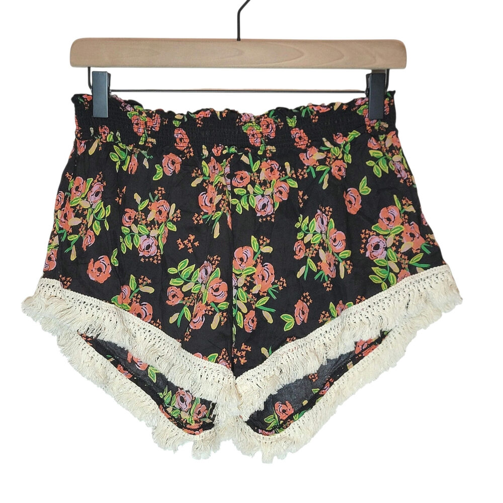 Natural Life NWT Floral Tassel Fringe Lounge Sleep Shorts Black Pink L